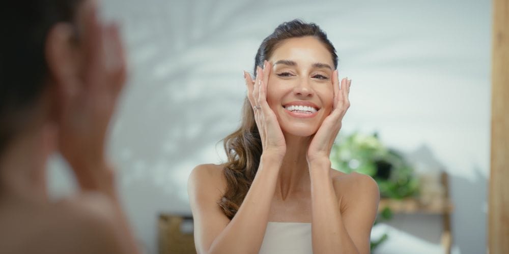 Woman looking in the mirror, happy with results of her facial spa treatments.